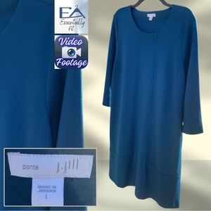 J.Jill Ponte Knit Shift Dress Tunic Teal Blue 3/4 Sleeve With Pockets